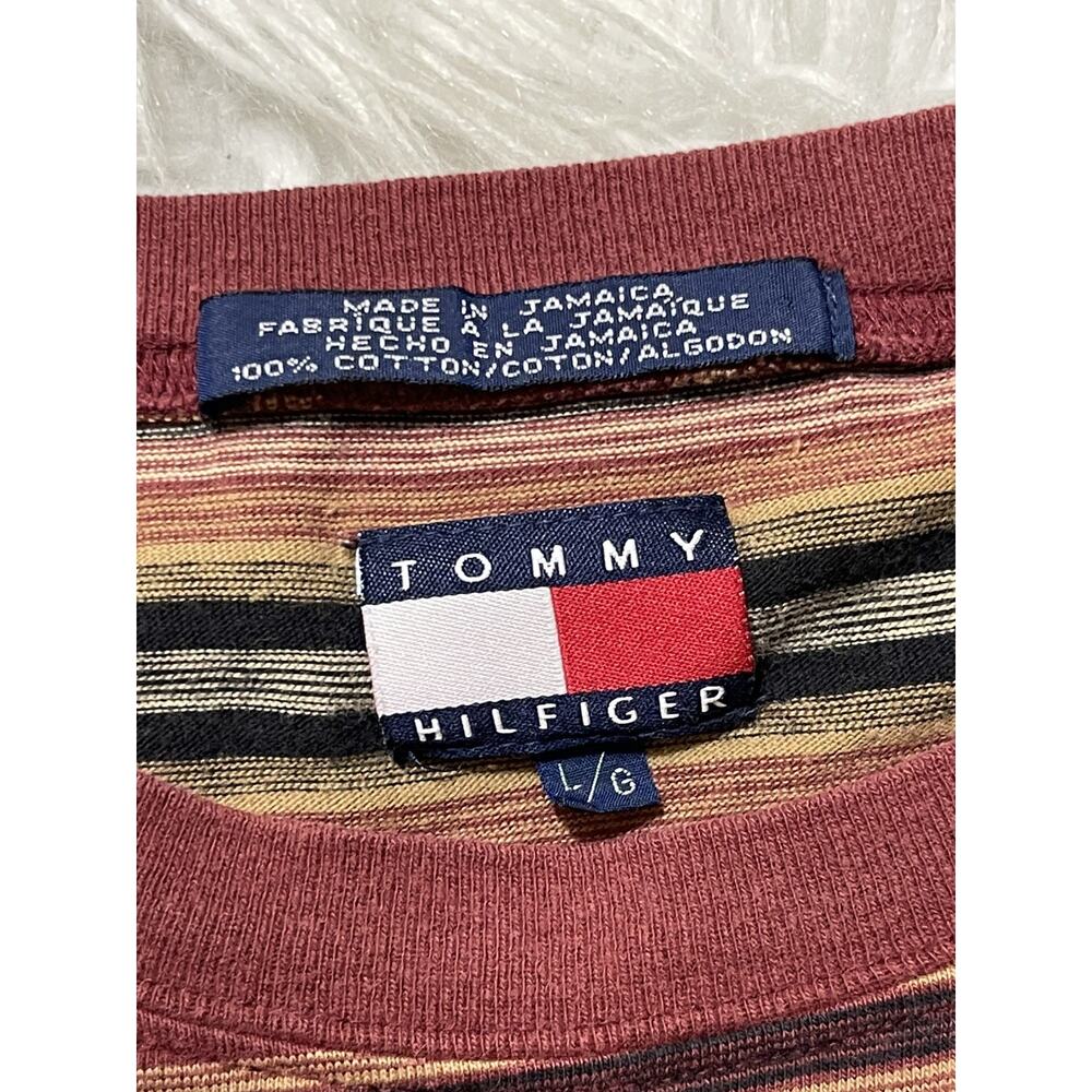 VTG Tommy Hilfiger Large Stripe T Shirt Crest Logo Prep Red White Black Brown - Picture 7 of 8